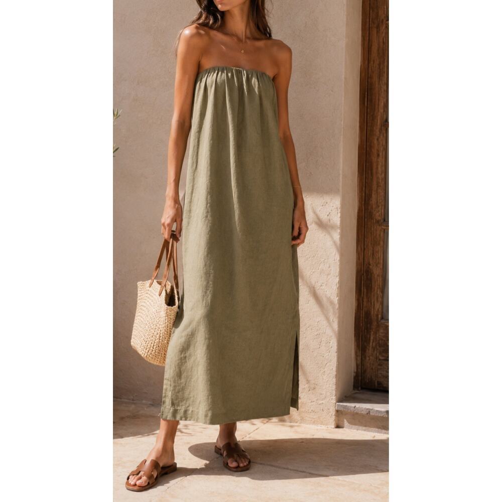 NWT Babaton Fitzgerald Linen Strapless Maxi Dress Sundried Olive XS